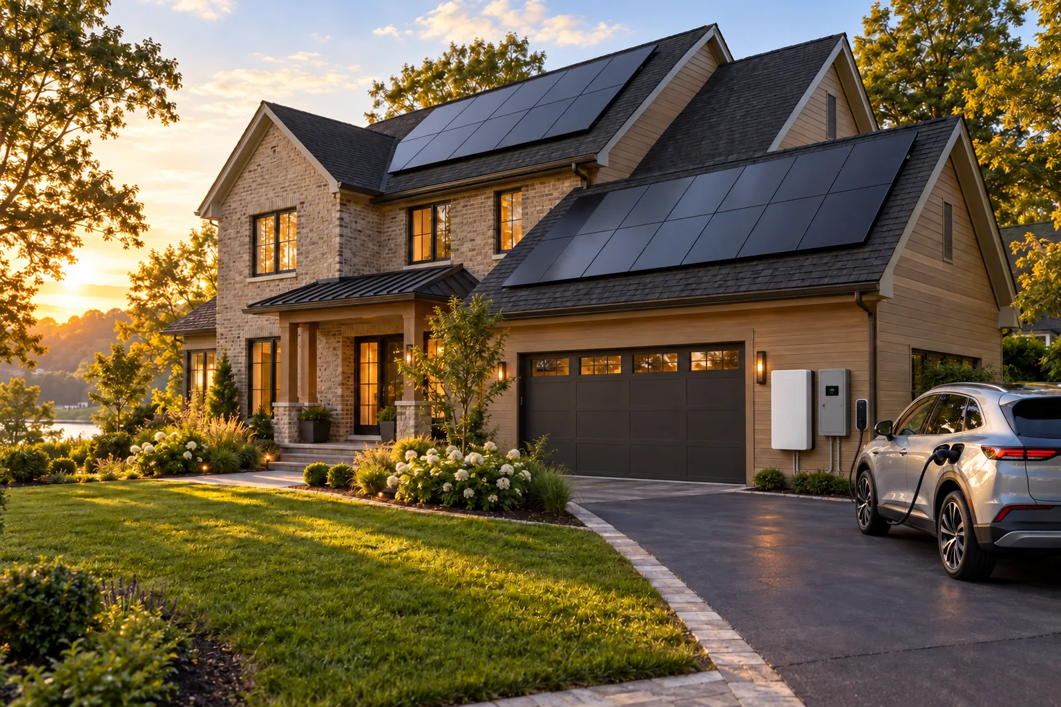 Concept of a complete home solar, battery, smart panel and EV charging system